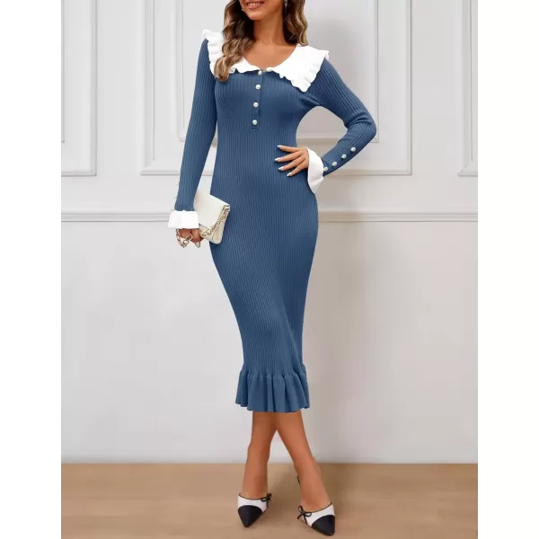 imageZESICA Womens Long Sleeve Sweater Dress 2024 Fall Lapel Collar Button Elegant Casual Midi Bodycon DressesDark Blue