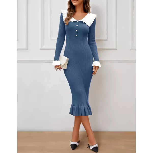 imageZESICA Womens Long Sleeve Sweater Dress 2024 Fall Lapel Collar Button Elegant Casual Midi Bodycon DressesDark Blue