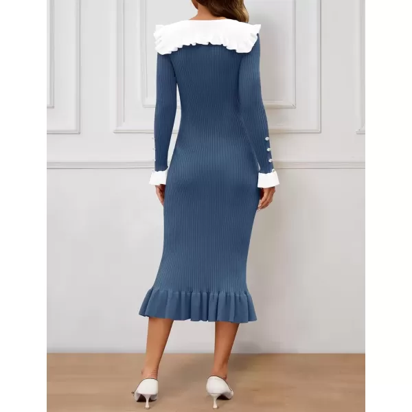 imageZESICA Womens Long Sleeve Sweater Dress 2024 Fall Lapel Collar Button Elegant Casual Midi Bodycon DressesDark Blue