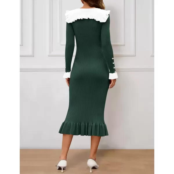 imageZESICA Womens Long Sleeve Sweater Dress 2024 Fall Lapel Collar Button Elegant Casual Midi Bodycon DressesDark Green