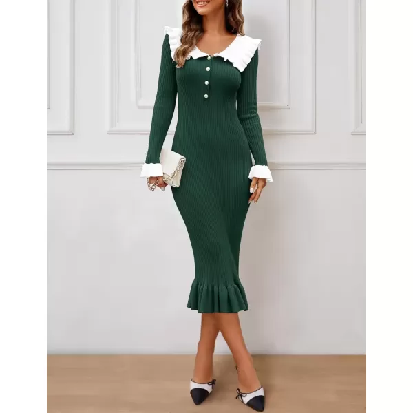 imageZESICA Womens Long Sleeve Sweater Dress 2024 Fall Lapel Collar Button Elegant Casual Midi Bodycon DressesDark Green