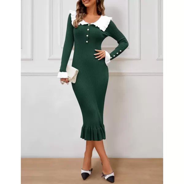 imageZESICA Womens Long Sleeve Sweater Dress 2024 Fall Lapel Collar Button Elegant Casual Midi Bodycon DressesDark Green