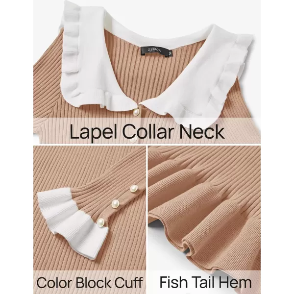 imageZESICA Womens Long Sleeve Sweater Dress 2024 Fall Lapel Collar Button Elegant Casual Midi Bodycon DressesKhaki