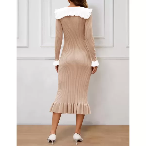 imageZESICA Womens Long Sleeve Sweater Dress 2024 Fall Lapel Collar Button Elegant Casual Midi Bodycon DressesKhaki
