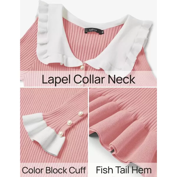 imageZESICA Womens Long Sleeve Sweater Dress 2024 Fall Lapel Collar Button Elegant Casual Midi Bodycon DressesPink
