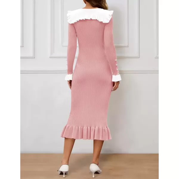 imageZESICA Womens Long Sleeve Sweater Dress 2024 Fall Lapel Collar Button Elegant Casual Midi Bodycon DressesPink