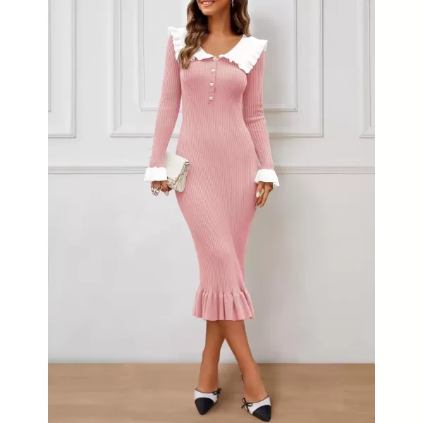 imageZESICA Womens Long Sleeve Sweater Dress 2024 Fall Lapel Collar Button Elegant Casual Midi Bodycon DressesPink