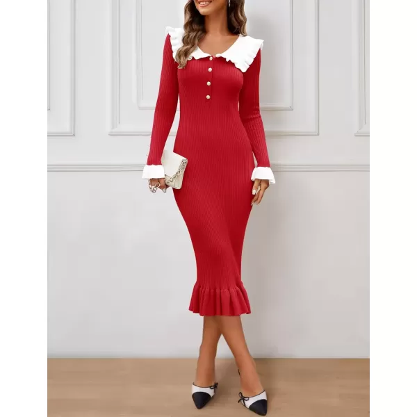 imageZESICA Womens Long Sleeve Sweater Dress 2024 Fall Lapel Collar Button Elegant Casual Midi Bodycon DressesRed