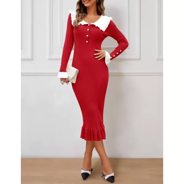 imageZESICA Womens Long Sleeve Sweater Dress 2024 Fall Lapel Collar Button Elegant Casual Midi Bodycon DressesRed