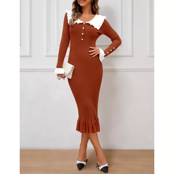 imageZESICA Womens Long Sleeve Sweater Dress 2024 Fall Lapel Collar Button Elegant Casual Midi Bodycon DressesRust