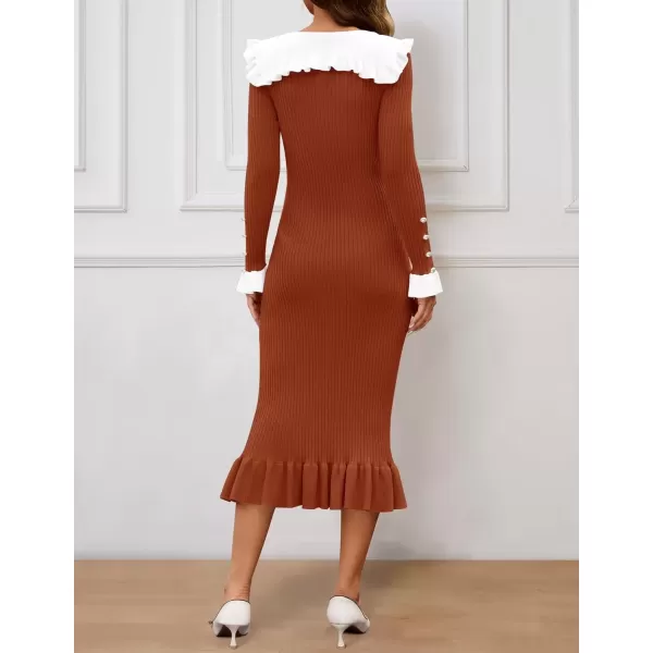 imageZESICA Womens Long Sleeve Sweater Dress 2024 Fall Lapel Collar Button Elegant Casual Midi Bodycon DressesRust