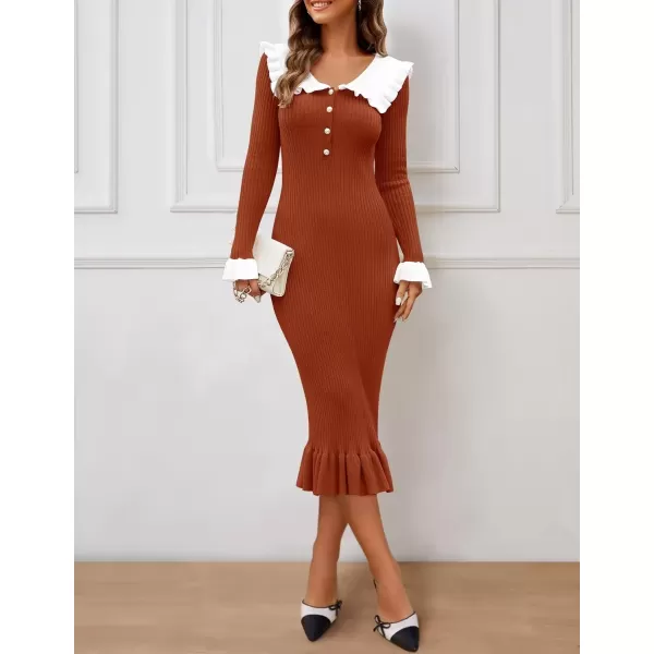 imageZESICA Womens Long Sleeve Sweater Dress 2024 Fall Lapel Collar Button Elegant Casual Midi Bodycon DressesRust