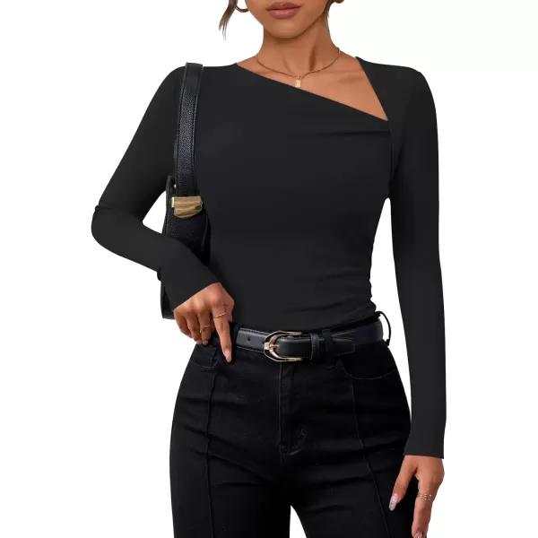imageZESICA Womens Long Sleeve Tops 2024 Fall Asymmetrical Neck Slim Fitted Sexy Y2K Knit Shirts ClothesBlack