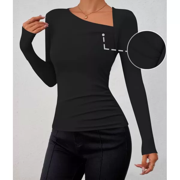 imageZESICA Womens Long Sleeve Tops 2024 Fall Asymmetrical Neck Slim Fitted Sexy Y2K Knit Shirts ClothesBlack