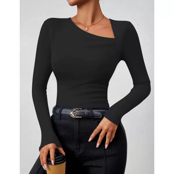 imageZESICA Womens Long Sleeve Tops 2024 Fall Asymmetrical Neck Slim Fitted Sexy Y2K Knit Shirts ClothesBlack