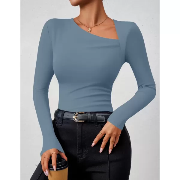 imageZESICA Womens Long Sleeve Tops 2024 Fall Asymmetrical Neck Slim Fitted Sexy Y2K Knit Shirts ClothesDusty Blue