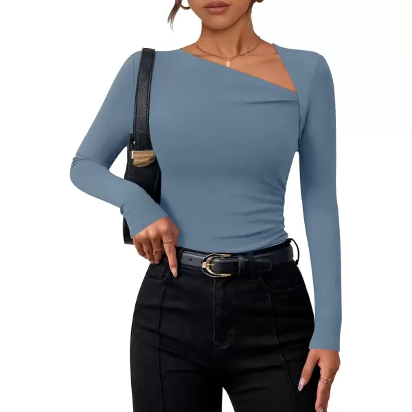 imageZESICA Womens Long Sleeve Tops 2024 Fall Asymmetrical Neck Slim Fitted Sexy Y2K Knit Shirts ClothesDusty Blue