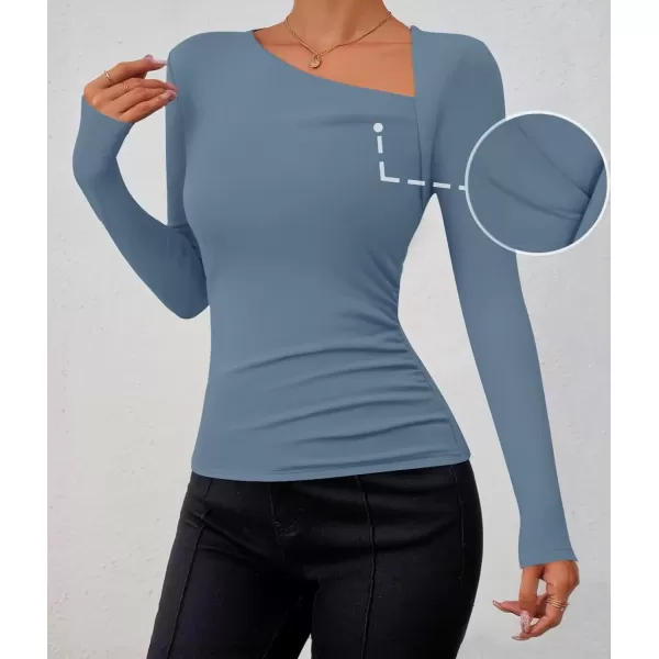 imageZESICA Womens Long Sleeve Tops 2024 Fall Asymmetrical Neck Slim Fitted Sexy Y2K Knit Shirts ClothesDusty Blue
