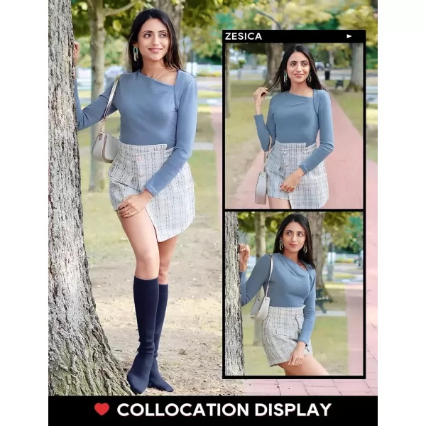 imageZESICA Womens Long Sleeve Tops 2024 Fall Asymmetrical Neck Slim Fitted Sexy Y2K Knit Shirts ClothesDusty Blue