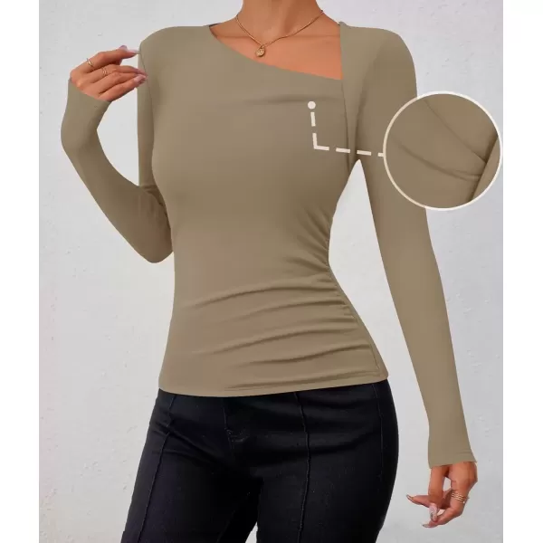 imageZESICA Womens Long Sleeve Tops 2024 Fall Asymmetrical Neck Slim Fitted Sexy Y2K Knit Shirts ClothesKhaki