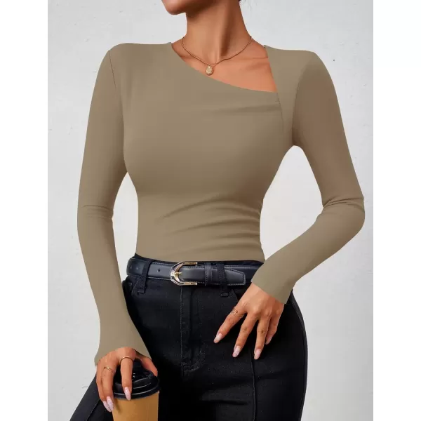 imageZESICA Womens Long Sleeve Tops 2024 Fall Asymmetrical Neck Slim Fitted Sexy Y2K Knit Shirts ClothesKhaki