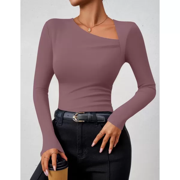 imageZESICA Womens Long Sleeve Tops 2024 Fall Asymmetrical Neck Slim Fitted Sexy Y2K Knit Shirts ClothesPurple
