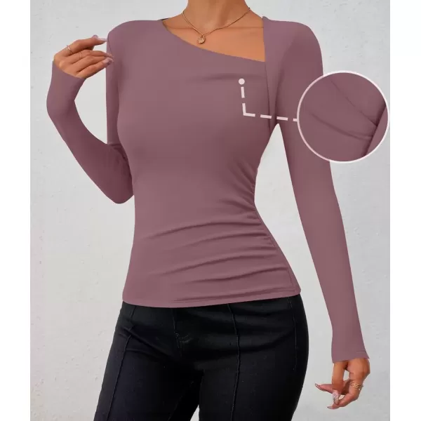 imageZESICA Womens Long Sleeve Tops 2024 Fall Asymmetrical Neck Slim Fitted Sexy Y2K Knit Shirts ClothesPurple
