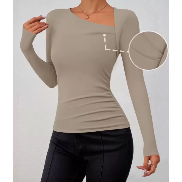 imageZESICA Womens Long Sleeve Tops 2024 Fall Asymmetrical Neck Slim Fitted Sexy Y2K Knit Shirts ClothesStone