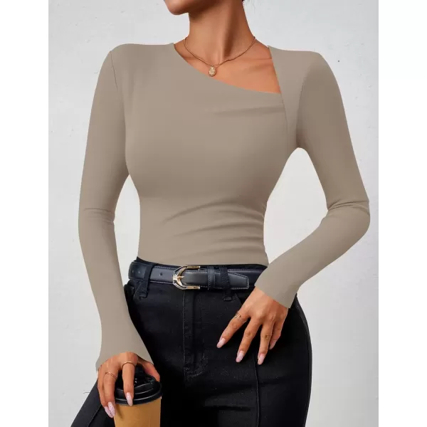 imageZESICA Womens Long Sleeve Tops 2024 Fall Asymmetrical Neck Slim Fitted Sexy Y2K Knit Shirts ClothesStone
