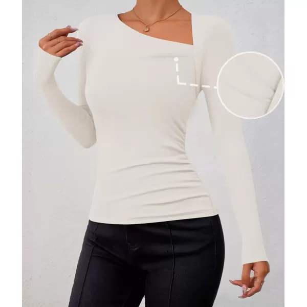 imageZESICA Womens Long Sleeve Tops 2024 Fall Asymmetrical Neck Slim Fitted Sexy Y2K Knit Shirts ClothesWhite