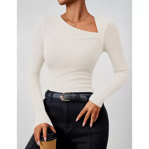 imageZESICA Womens Long Sleeve Tops 2024 Fall Asymmetrical Neck Slim Fitted Sexy Y2K Knit Shirts ClothesWhite