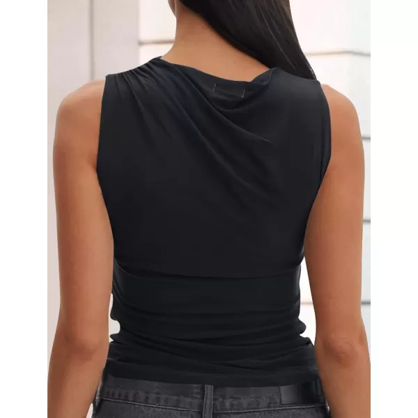 imageZESICA Womens Mesh Tank Top 2024 Summer Sleeveless High Neck Ruched Slim Fitted Casual Tee ShirtsBlack