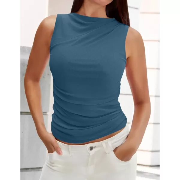 imageZESICA Womens Mesh Tank Top 2024 Summer Sleeveless High Neck Ruched Slim Fitted Casual Tee ShirtsDarkblue