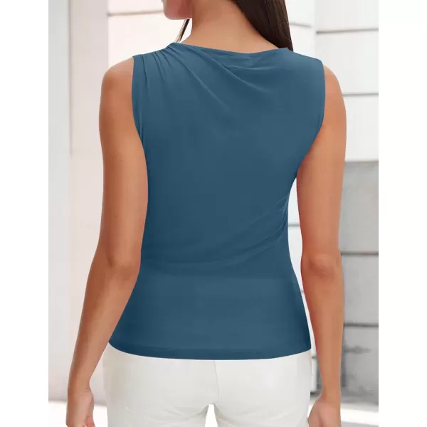 imageZESICA Womens Mesh Tank Top 2024 Summer Sleeveless High Neck Ruched Slim Fitted Casual Tee ShirtsDarkblue