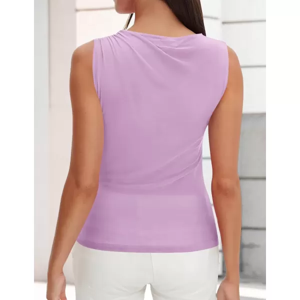 imageZESICA Womens Mesh Tank Top 2024 Summer Sleeveless High Neck Ruched Slim Fitted Casual Tee ShirtsPurple