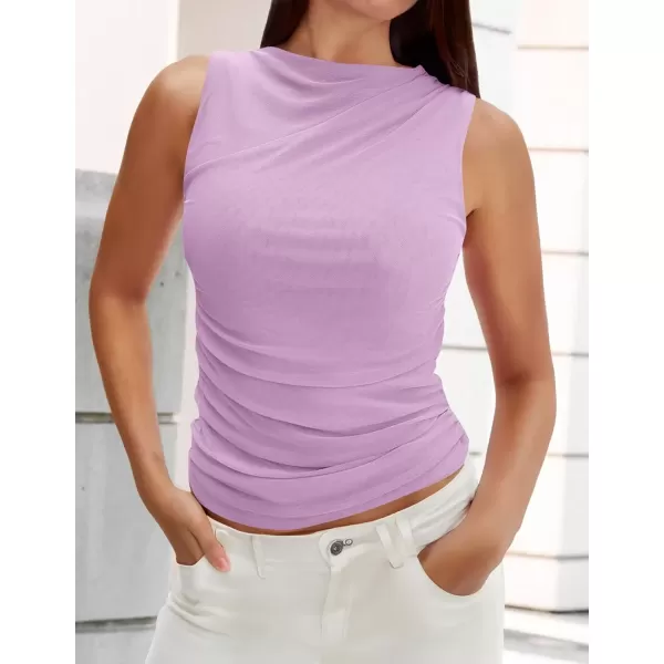 imageZESICA Womens Mesh Tank Top 2024 Summer Sleeveless High Neck Ruched Slim Fitted Casual Tee ShirtsPurple