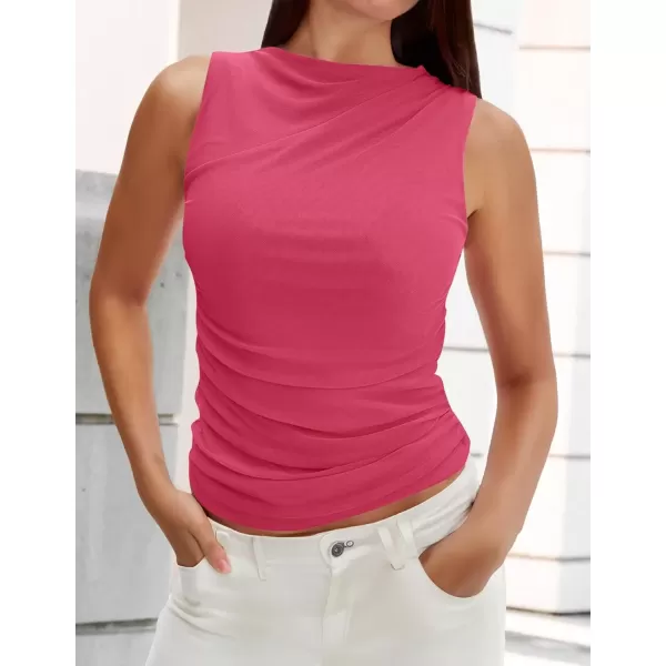 imageZESICA Womens Mesh Tank Top 2024 Summer Sleeveless High Neck Ruched Slim Fitted Casual Tee ShirtsRose