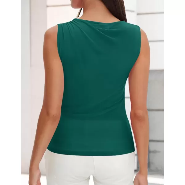 imageZESICA Womens Mesh Tank Top 2024 Summer Sleeveless High Neck Ruched Slim Fitted Casual Tee ShirtsTealgreen