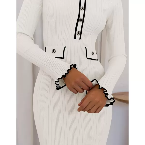 imageZESICA Womens Ribbed Button V Neck Sweater Dress 2024 Elegant Trendy Ruffle Long Sleeve Knit Bodycon Midi DressesWhite
