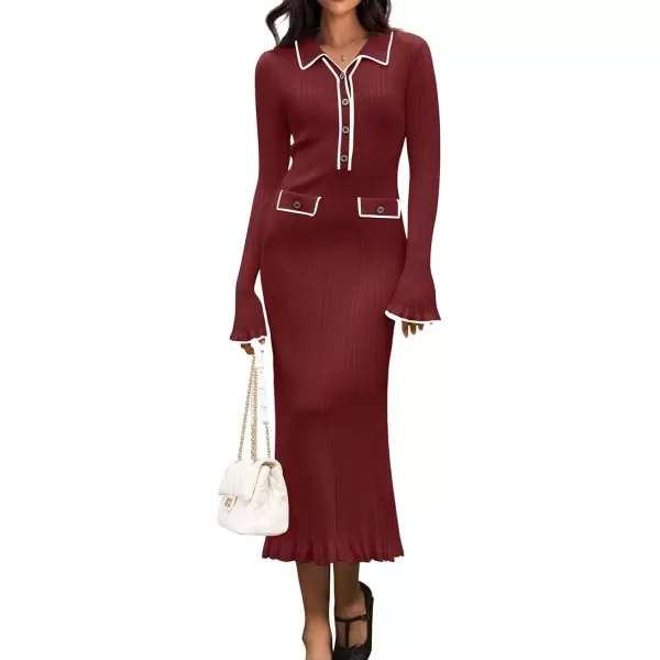 imageZESICA Womens Ribbed Button V Neck Sweater Dress 2024 Elegant Trendy Ruffle Long Sleeve Knit Bodycon Midi DressesWine