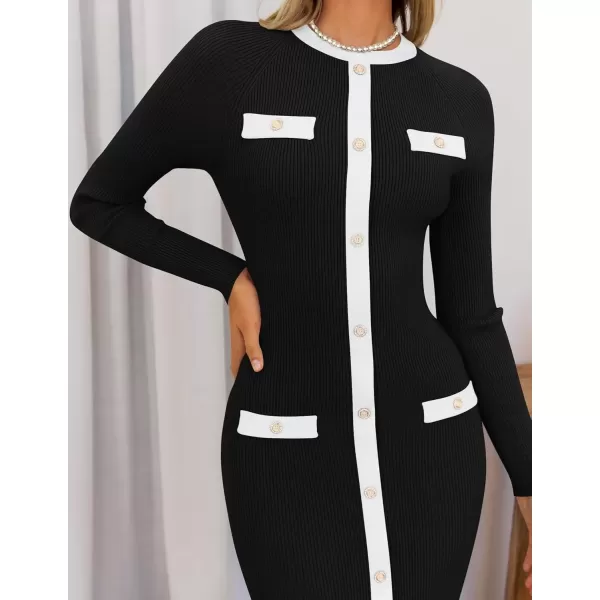 imageZESICA Womens Ribbed Crewneck Sweater Dress 2024 Fall Winter Long Sleeve Button Color Block Knit Midi DressesBlack