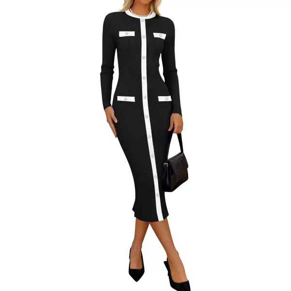 imageZESICA Womens Ribbed Crewneck Sweater Dress 2024 Fall Winter Long Sleeve Button Color Block Knit Midi DressesBlack