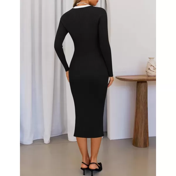 imageZESICA Womens Ribbed Crewneck Sweater Dress 2024 Fall Winter Long Sleeve Button Color Block Knit Midi DressesBlack