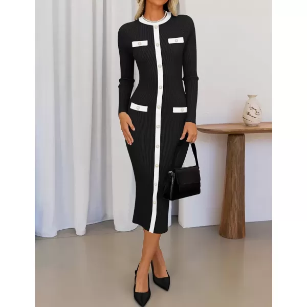 imageZESICA Womens Ribbed Crewneck Sweater Dress 2024 Fall Winter Long Sleeve Button Color Block Knit Midi DressesBlack