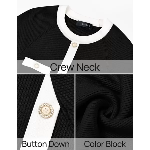imageZESICA Womens Ribbed Crewneck Sweater Dress 2024 Fall Winter Long Sleeve Button Color Block Knit Midi DressesBlack
