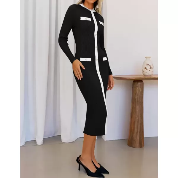 imageZESICA Womens Ribbed Crewneck Sweater Dress 2024 Fall Winter Long Sleeve Button Color Block Knit Midi DressesBlack