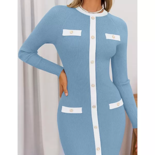 imageZESICA Womens Ribbed Crewneck Sweater Dress 2024 Fall Winter Long Sleeve Button Color Block Knit Midi DressesBlue