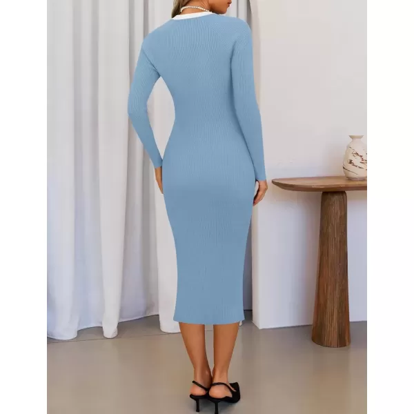 imageZESICA Womens Ribbed Crewneck Sweater Dress 2024 Fall Winter Long Sleeve Button Color Block Knit Midi DressesBlue