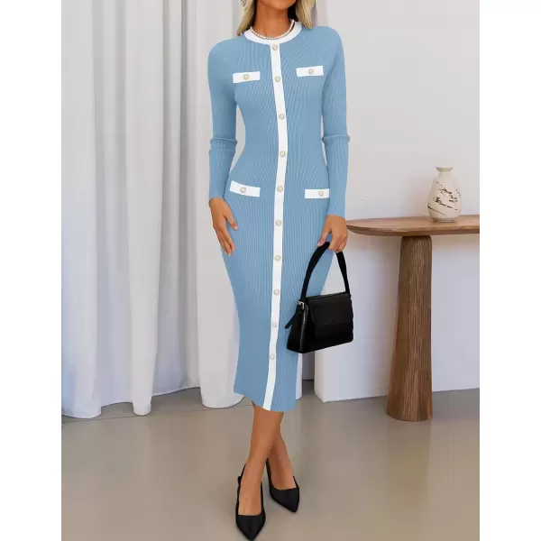 imageZESICA Womens Ribbed Crewneck Sweater Dress 2024 Fall Winter Long Sleeve Button Color Block Knit Midi DressesBlue