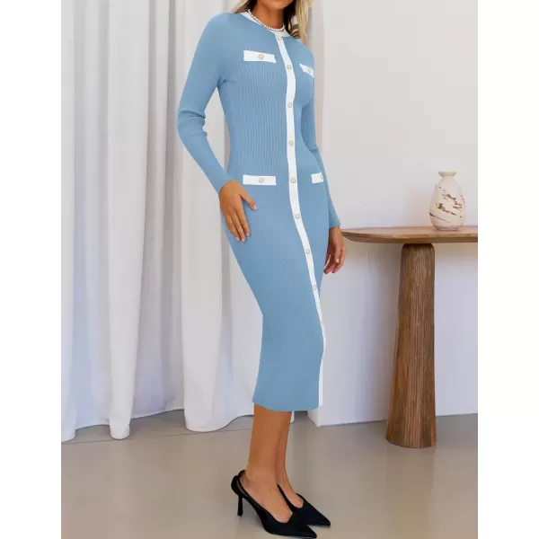 imageZESICA Womens Ribbed Crewneck Sweater Dress 2024 Fall Winter Long Sleeve Button Color Block Knit Midi DressesBlue